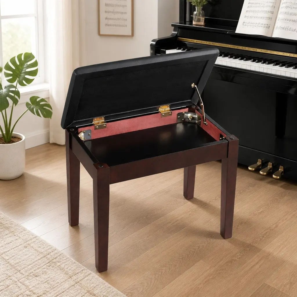 Piano Bench Stool with Storage Wooden Frame PU Leather Seat Cushion Music