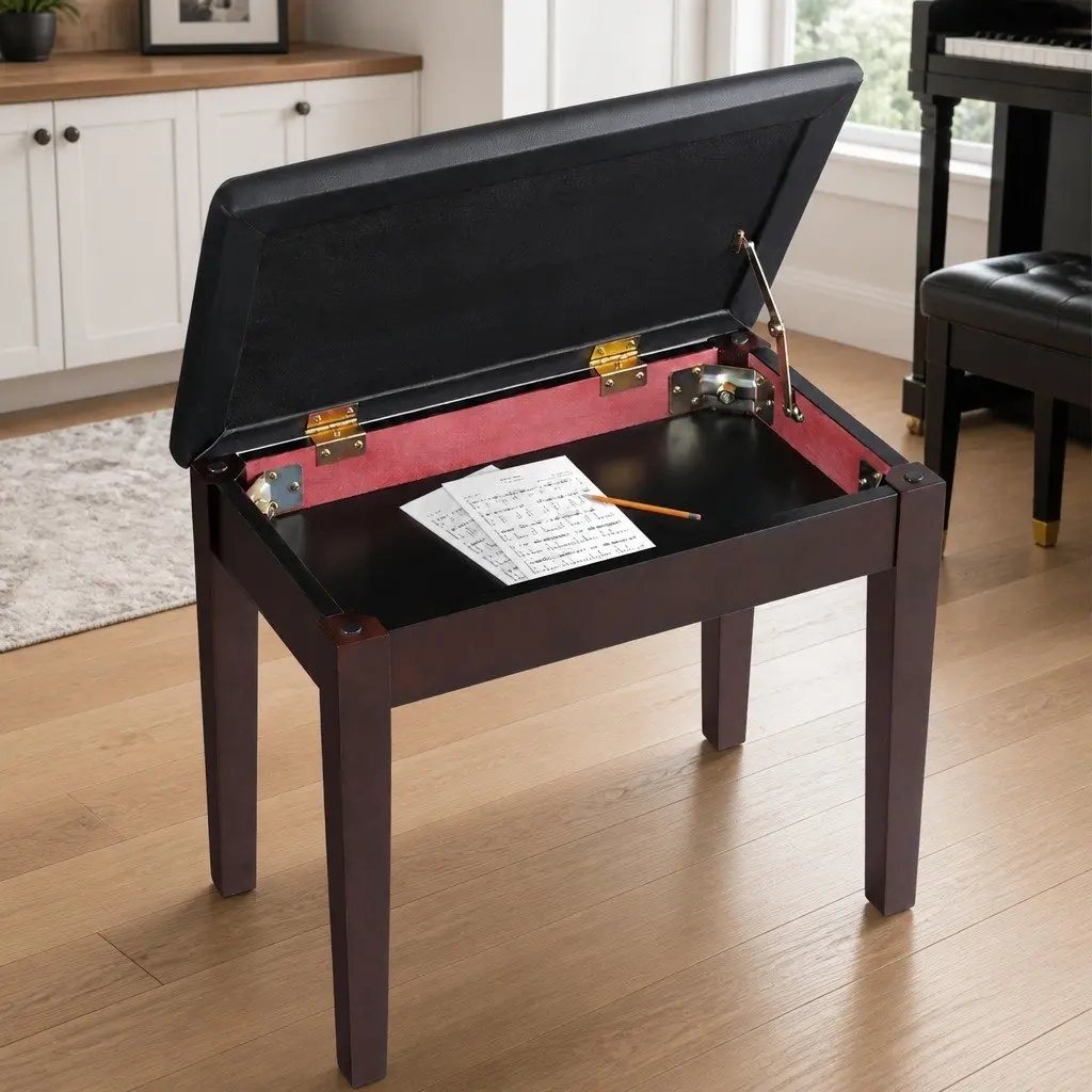 Piano Bench Stool with Storage Wooden Frame PU Leather Seat Cushion Music