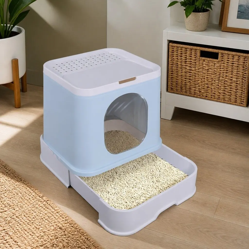 Enclosed Cat Litter Box for Cats Large Blue