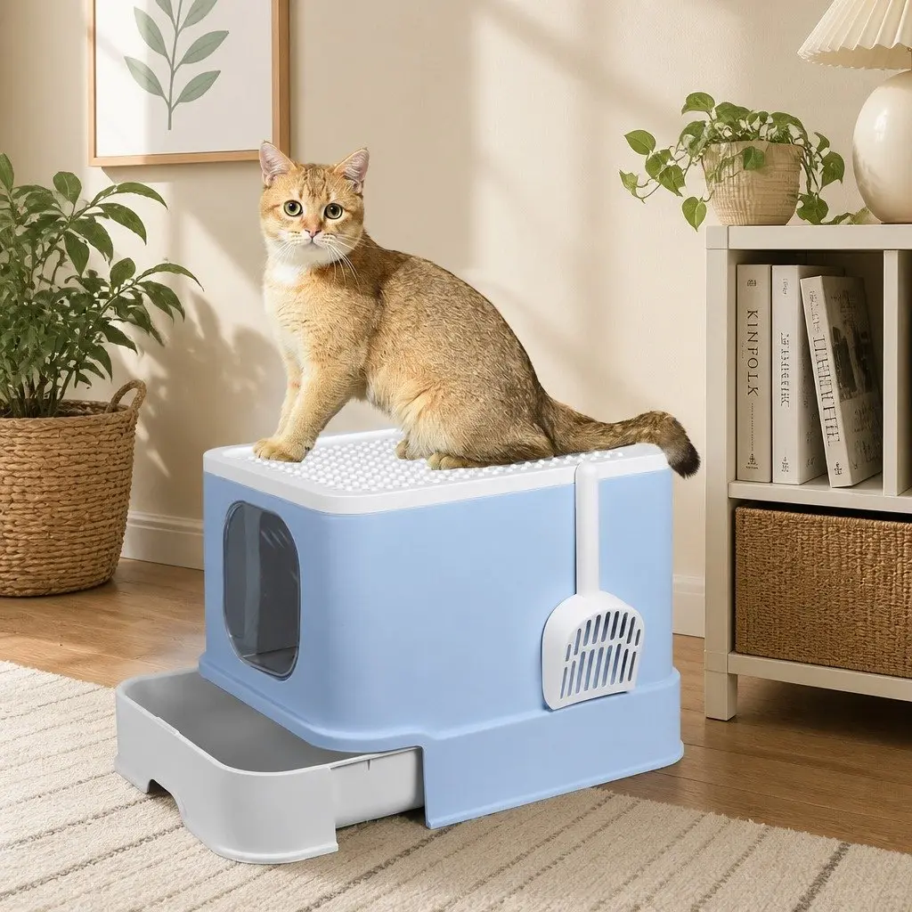 Enclosed Cat Litter Box for Cats Large Blue