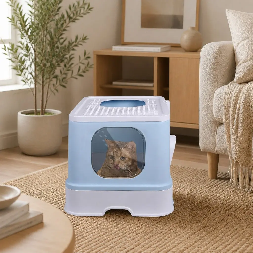 Enclosed Cat Litter Box for Cats Large Blue
