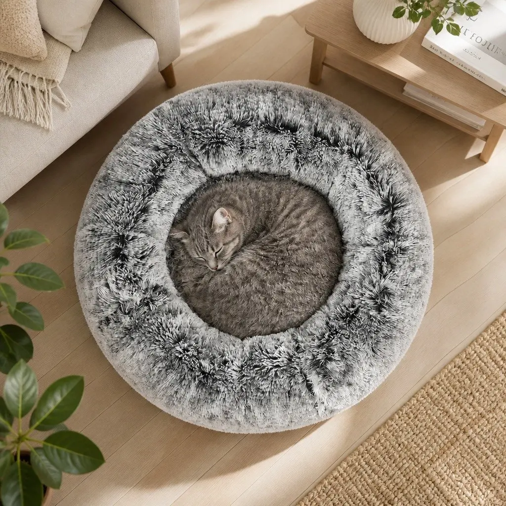 Pet Bed Donut Nest Calming Large Cat Dog Cushion Plush Comfort Non-slip Bottom