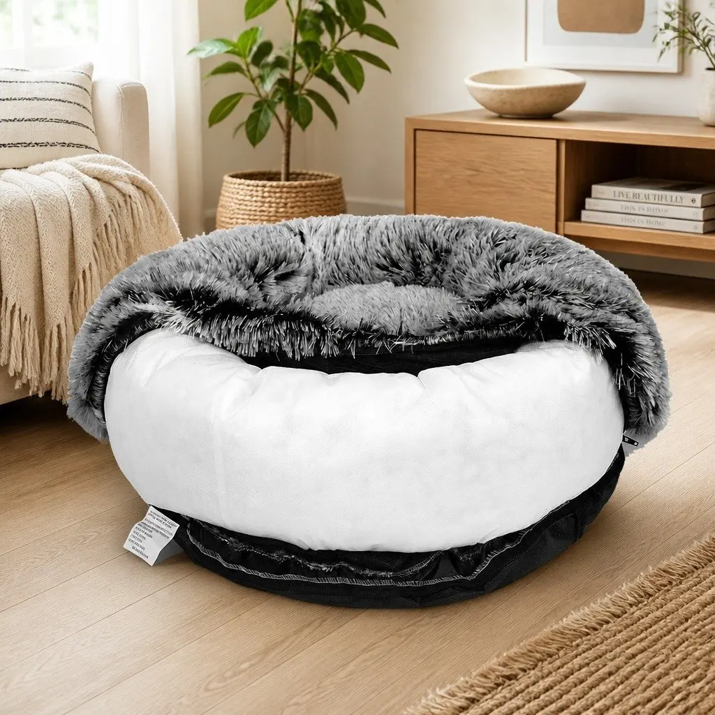 Pet Bed Donut Nest Calming Large Cat Dog Cushion Plush Comfort Non-slip Bottom