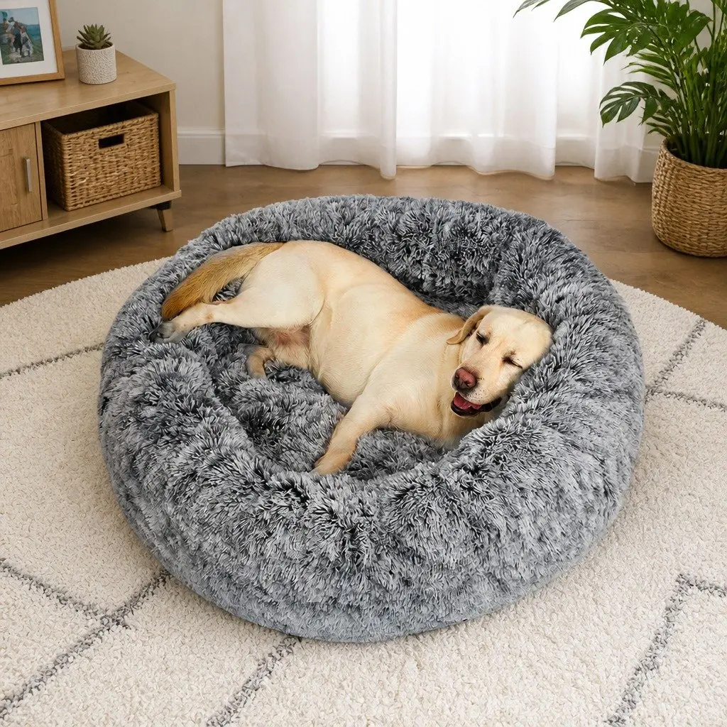 Pet Bed Donut Nest Calming Large Cat Dog Cushion Plush Comfort Non-slip Bottom