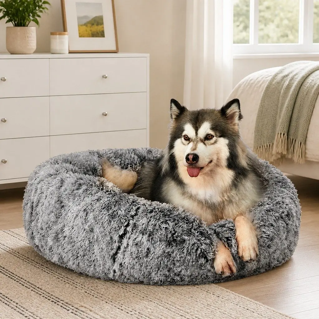 Pet Bed Donut Nest Calming Large Cat Dog Cushion Plush Comfort Non-slip Bottom