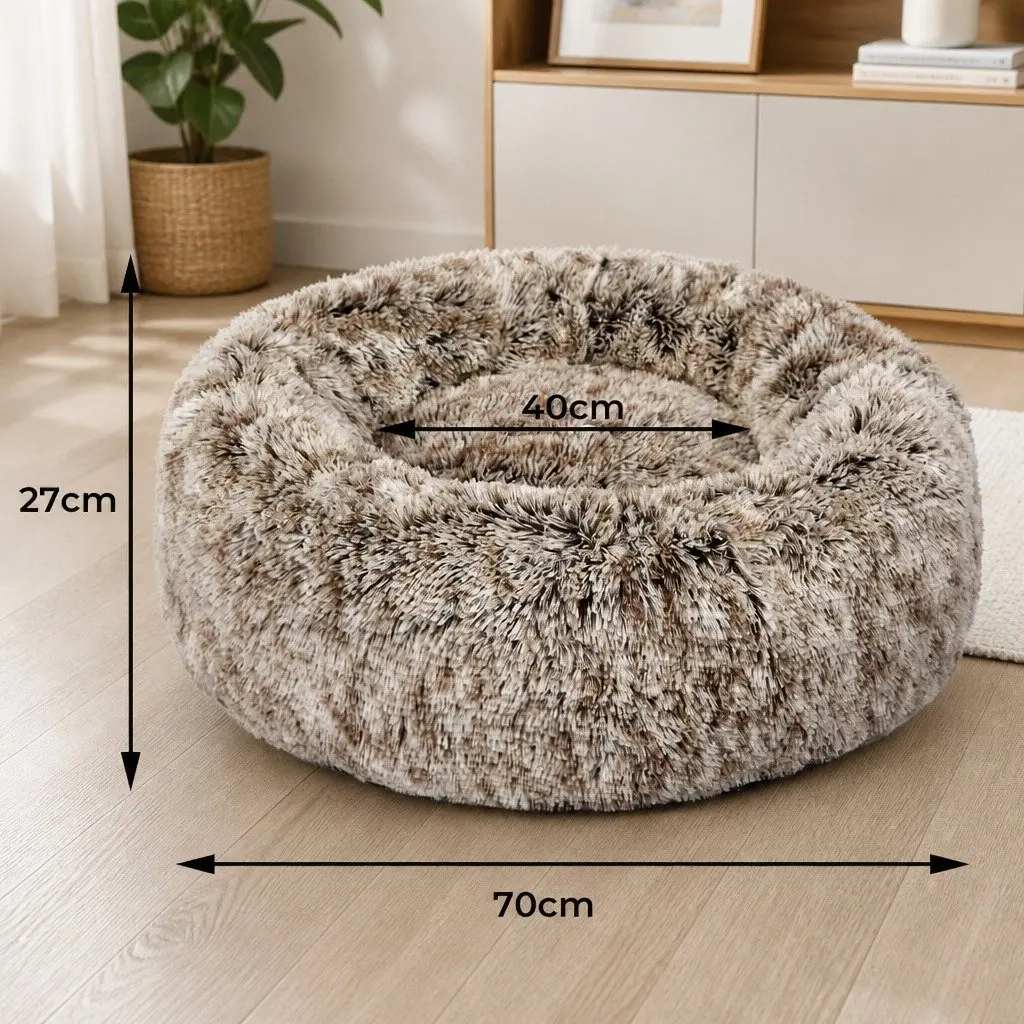 Pet Bed Donut Nest Calming M Brown Medium Plush Non-Slip Bottom Removable Cover