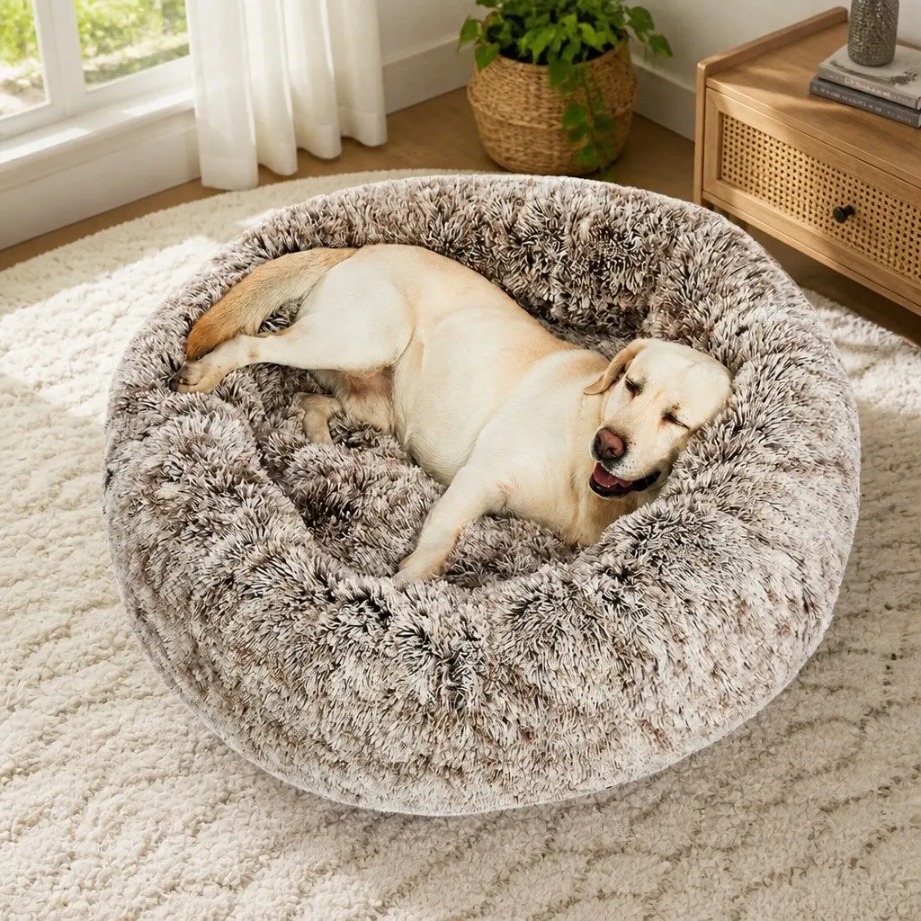 Pet Bed Donut Nest Calming M Brown Medium Plush Non-Slip Bottom Removable Cover