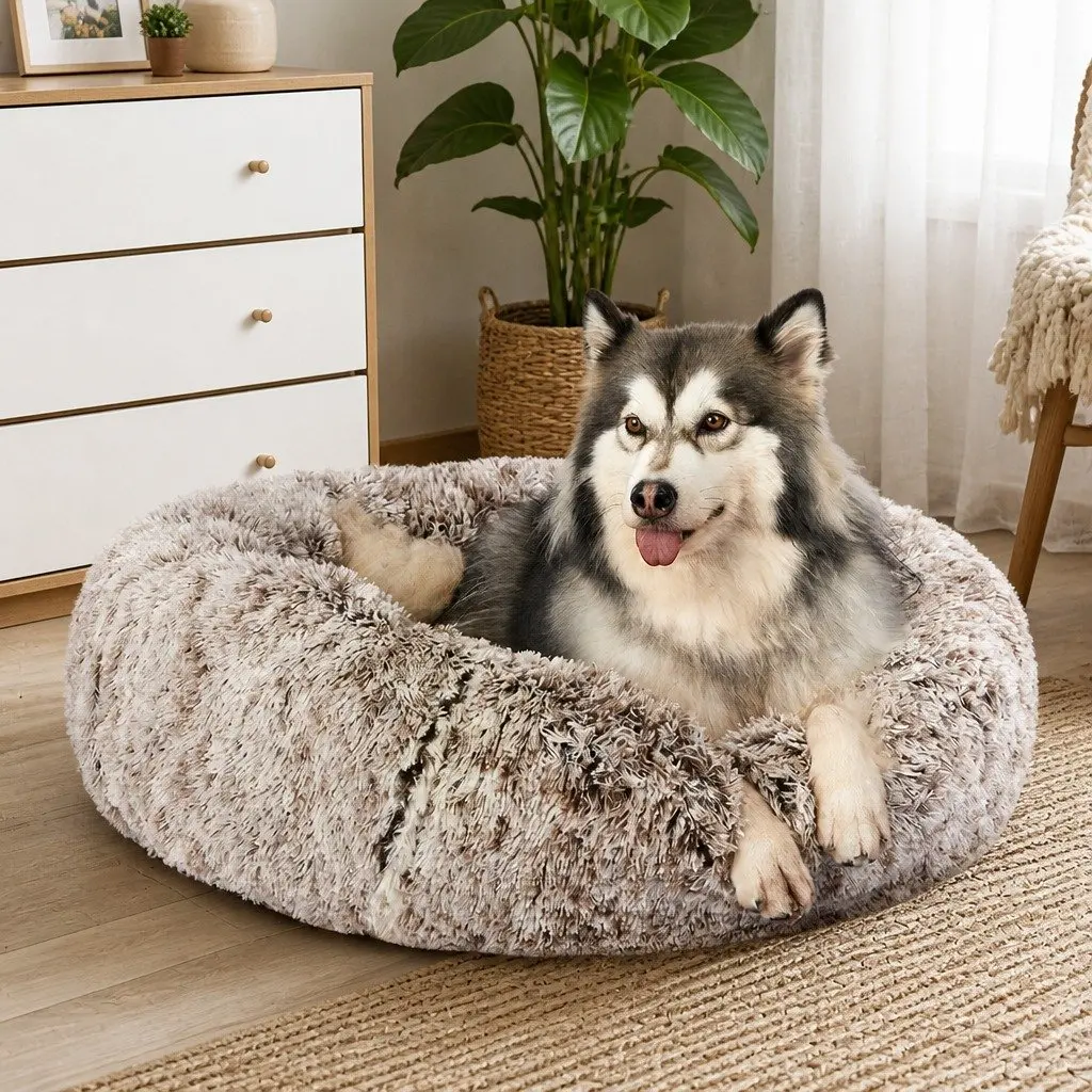 Pet Bed Donut Nest Calming M Brown Medium Plush Non-Slip Bottom Removable Cover