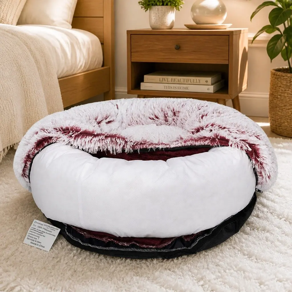Pet Bed Calming Nest for Cats and Dogs Medium Pink Plush