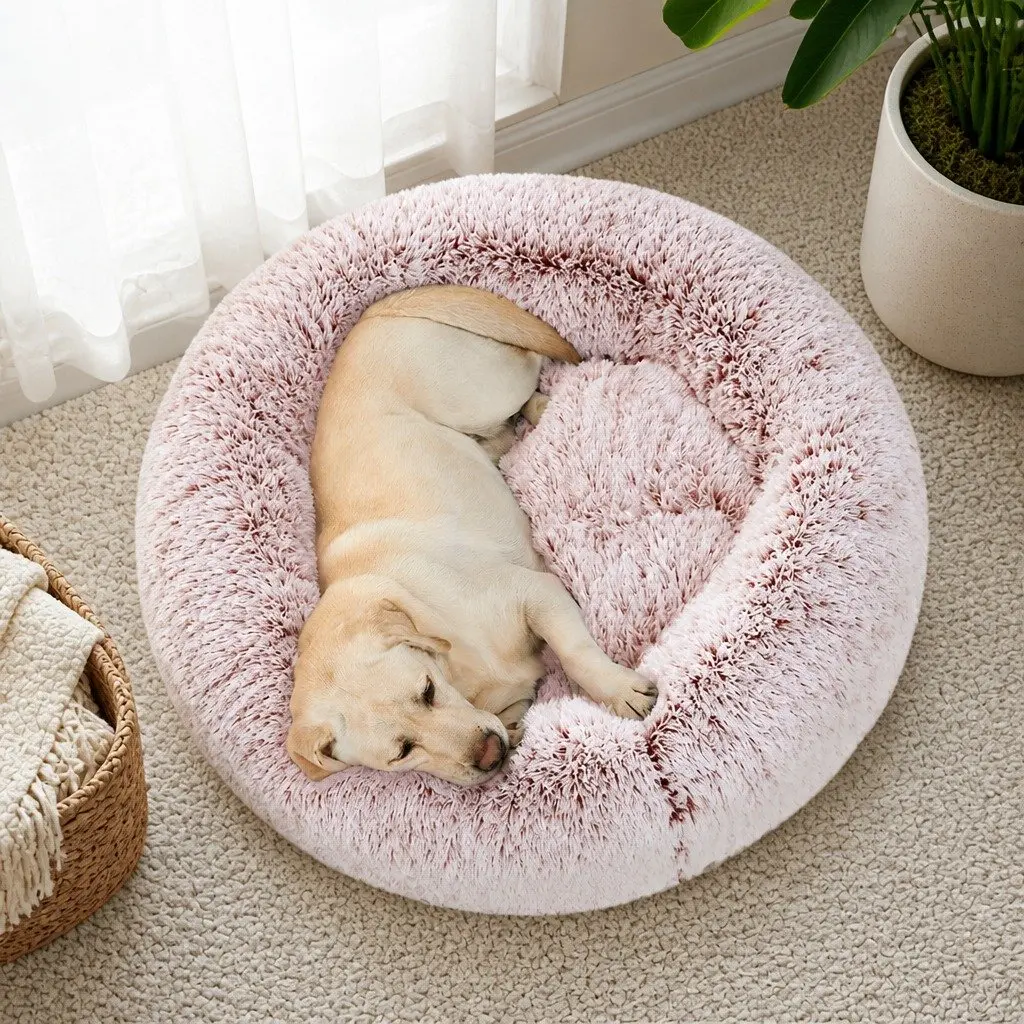 Pet Bed Calming Nest for Cats and Dogs Medium Pink Plush