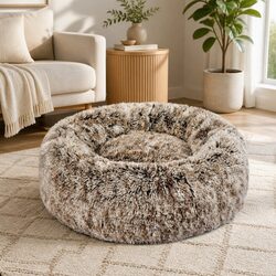 Donut Pet Bed Calming Nest Cat Dog Raised Rim Non-Slip Bottom Plush XL Brown