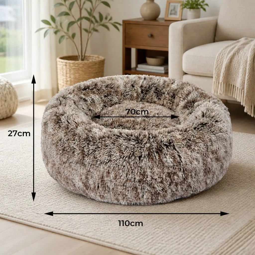 Donut Pet Bed Calming Nest Cat Dog Raised Rim Non-Slip Bottom Plush XL Brown