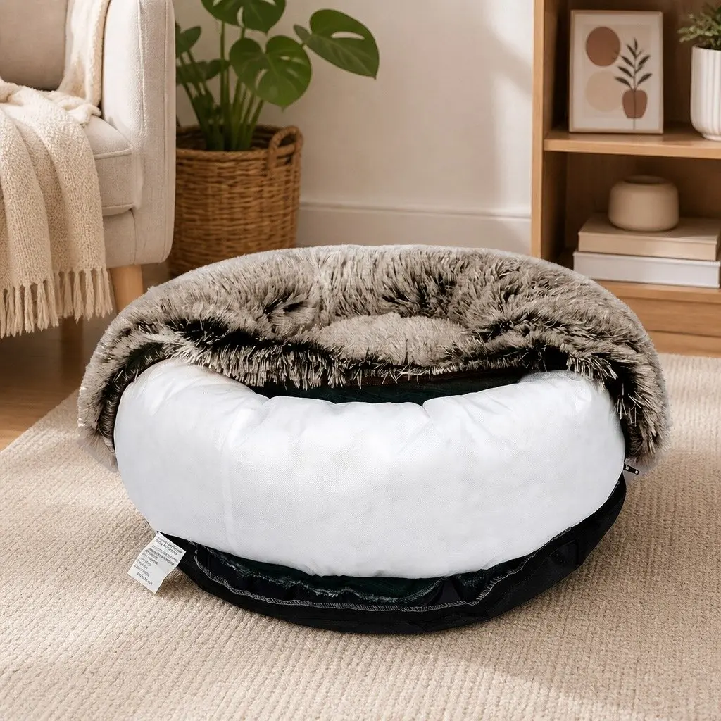 Donut Pet Bed Calming Nest Cat Dog Raised Rim Non-Slip Bottom Plush XL Brown