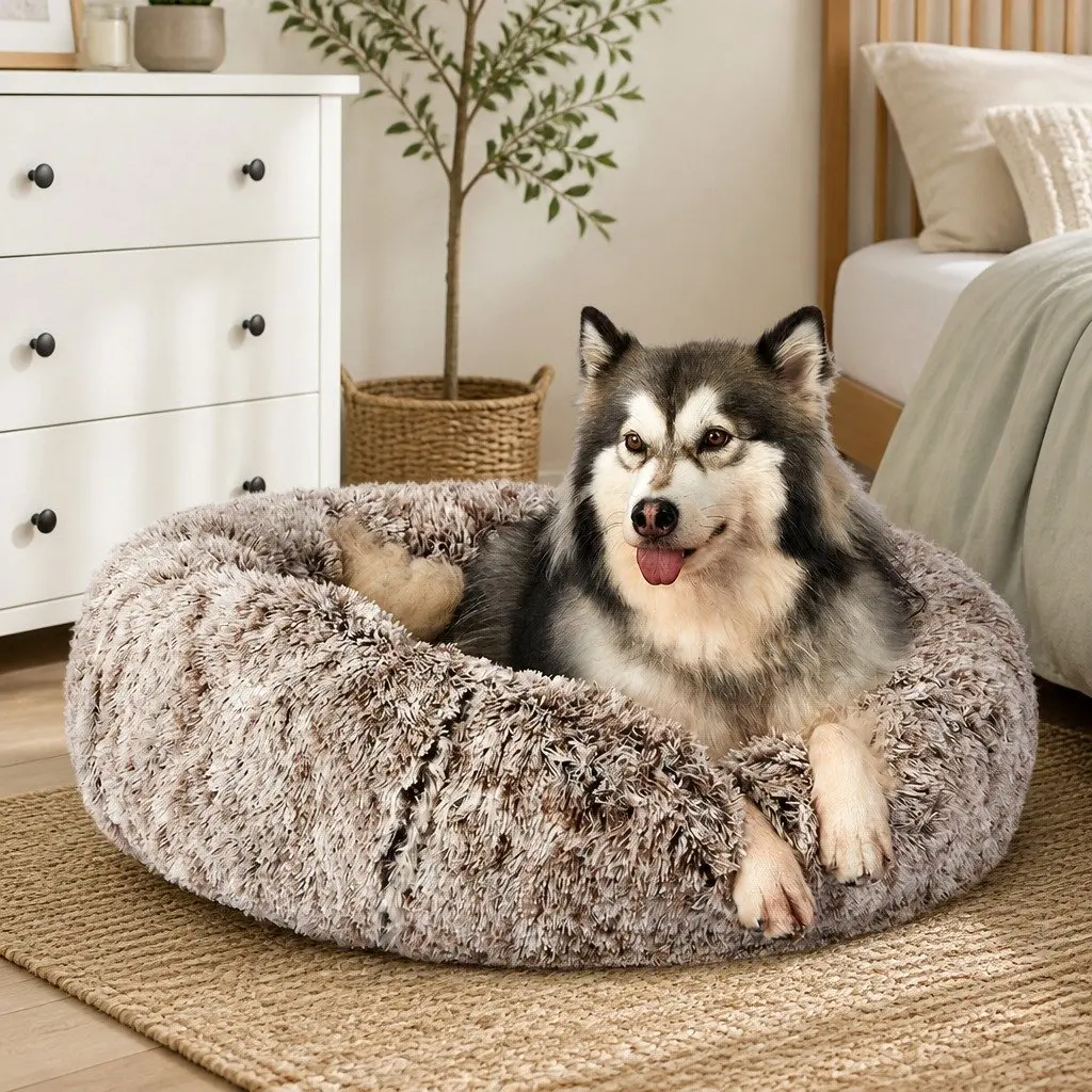 Donut Pet Bed Calming Nest Cat Dog Raised Rim Non-Slip Bottom Plush XL Brown