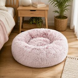 Donut Pet Bed Cat Dog Calming Nest Raised Rim Non-Slip XL Pink Plush