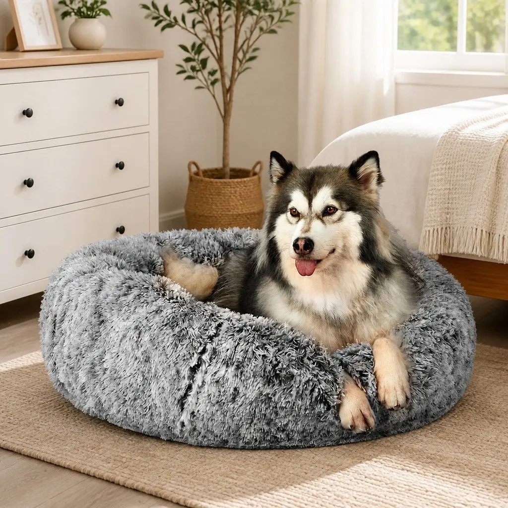 Pet Bed Donut Nest Calming XXL for Dog Cat Plush Raised Rim Non-Slip Bottom