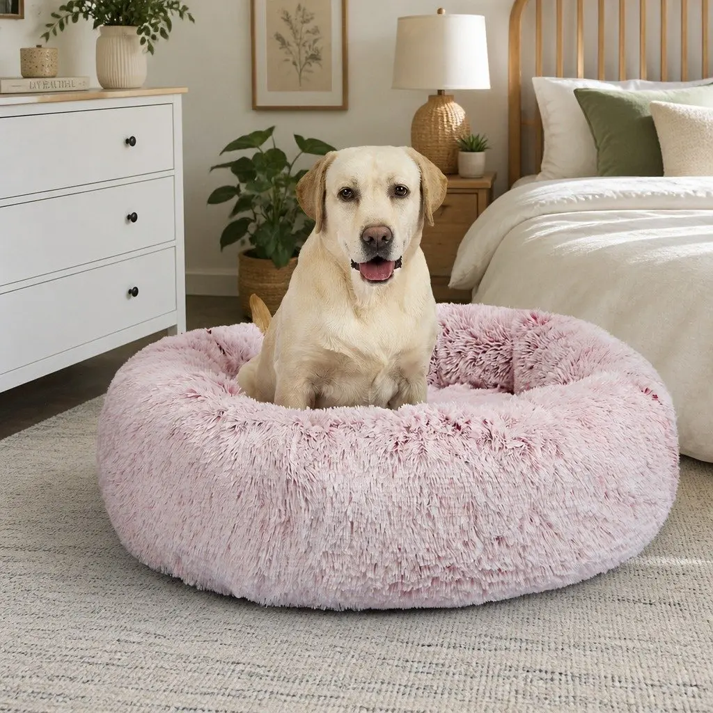 Pet Bed Donut Nest Calming XXL Large Cat Dog Cushion Plush Cozy Sleep Mat Pink