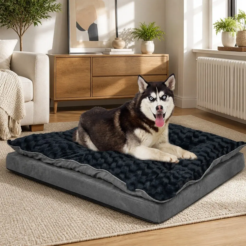 Dog Calming Bed Memory Foam Pet Mattress Medium Grey Washable Cover