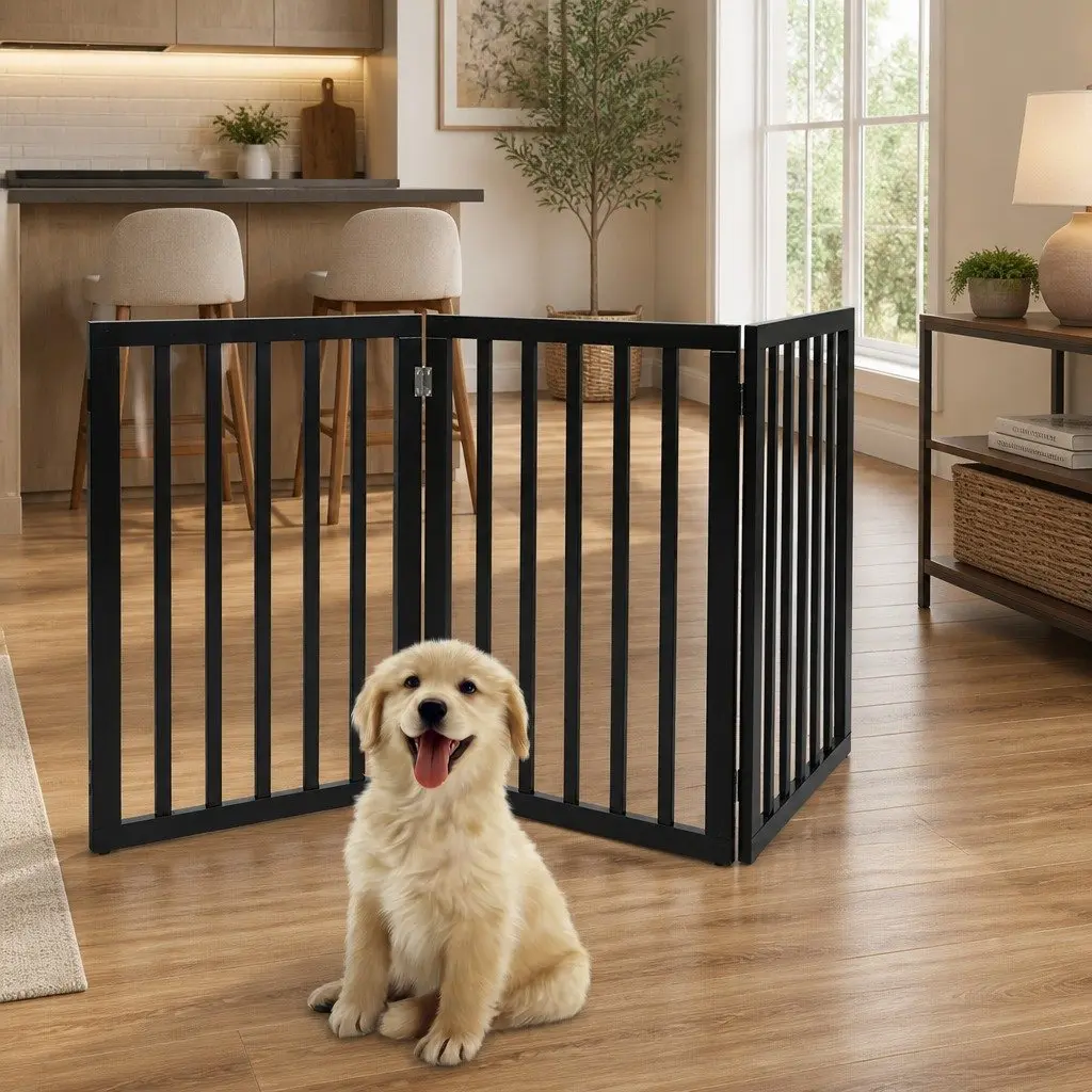 Wooden Pet Gate Indoor Outdoor 3 Panel Expandable Pet Safety Barrier
