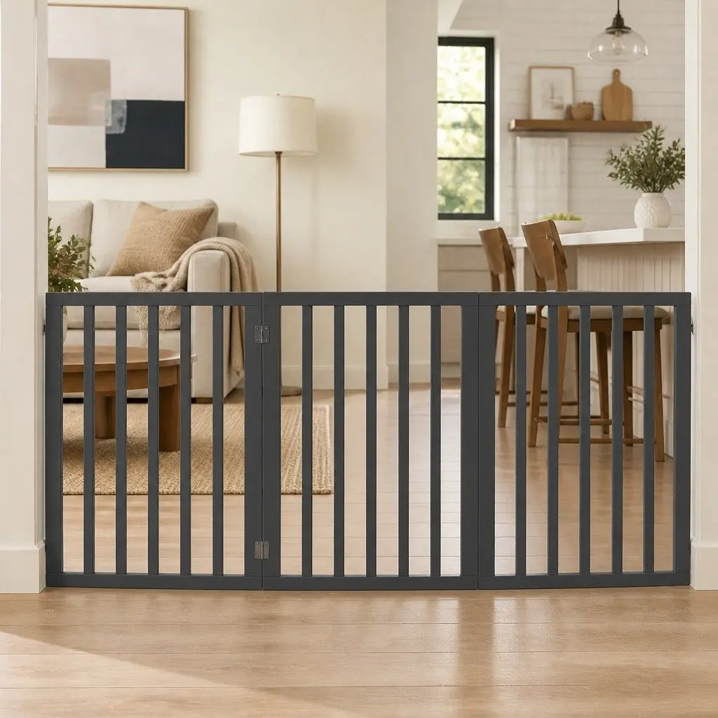 Wooden Pet Gate Indoor Foldable Dog Fence Free Standing Safety Grey 139cm x 60.5cm