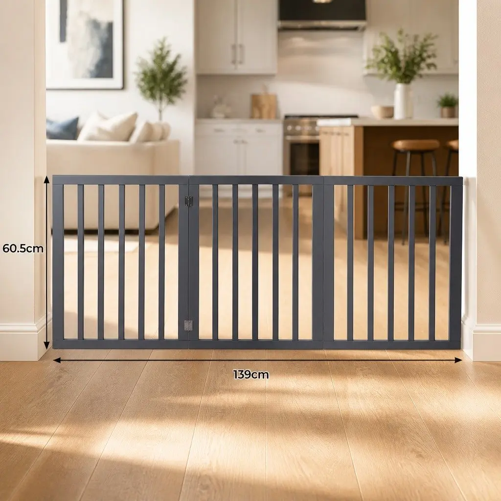 Wooden Pet Gate Indoor Foldable Dog Fence Free Standing Safety Grey 139cm x 60.5cm
