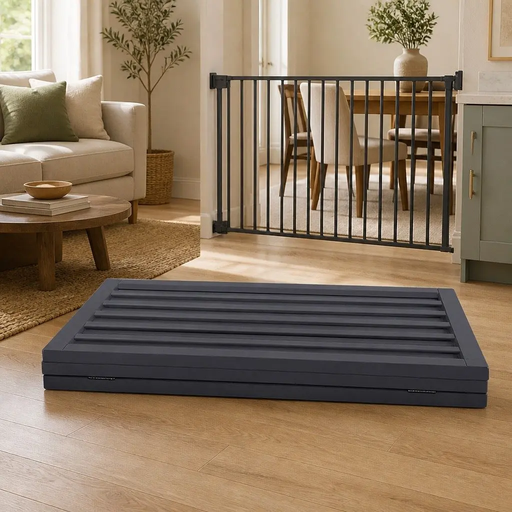 Wooden Pet Gate Indoor Foldable Dog Fence Free Standing Safety Grey 139cm x 60.5cm