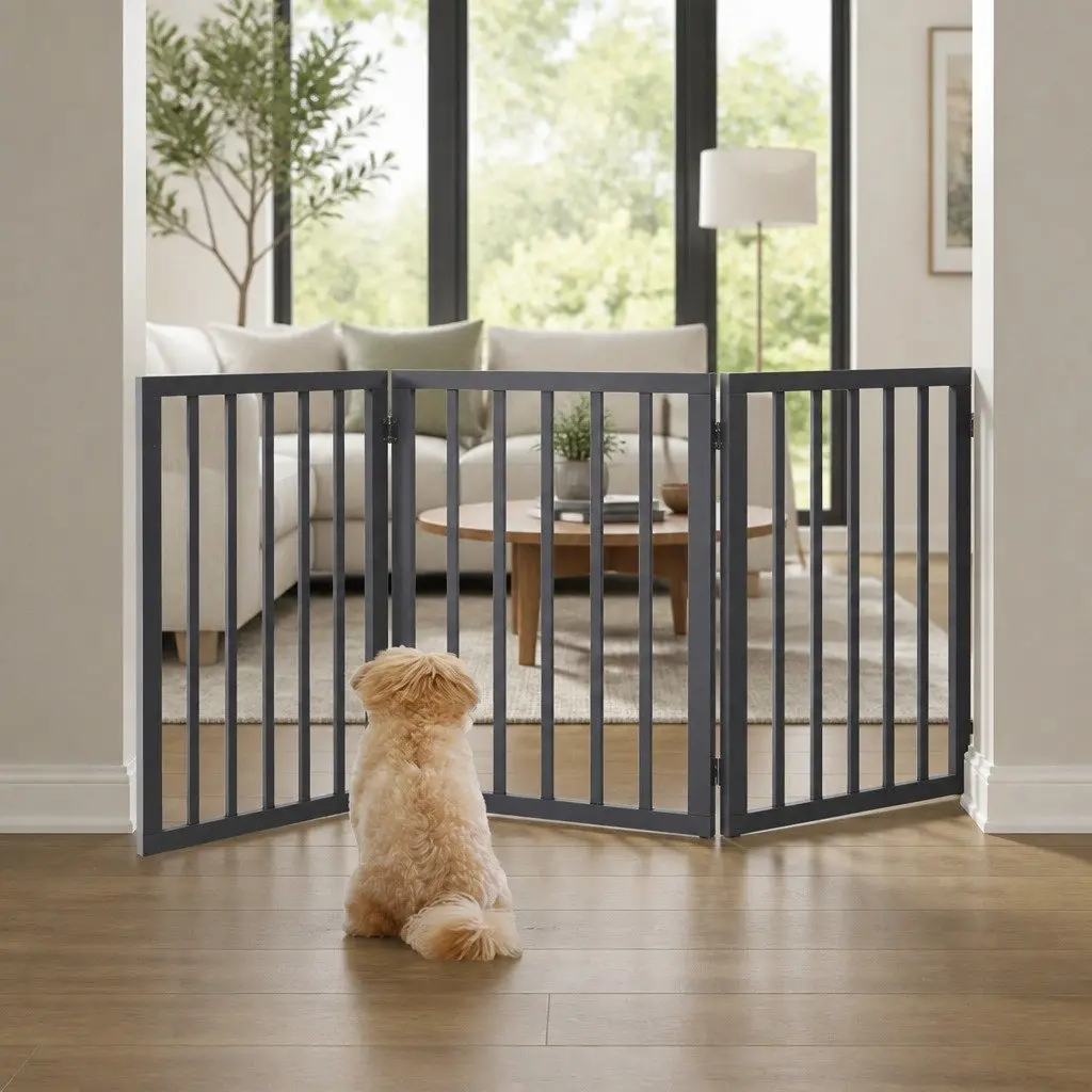 Wooden Pet Gate Indoor Foldable Dog Fence Free Standing Safety Grey 139cm x 60.5cm