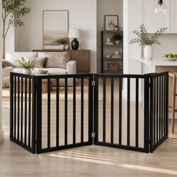 Foldable Pet Gate 4 Panels – 185cm Wide, Black MDF