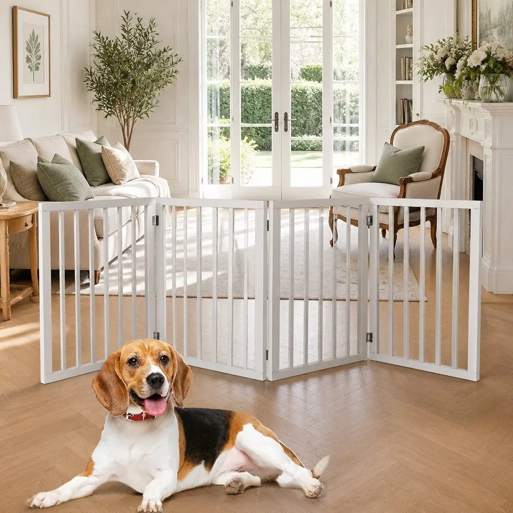 Wooden Pet Gate Dog Fence Foldable Playpen Barrier Indoor Outdoor White 185cm