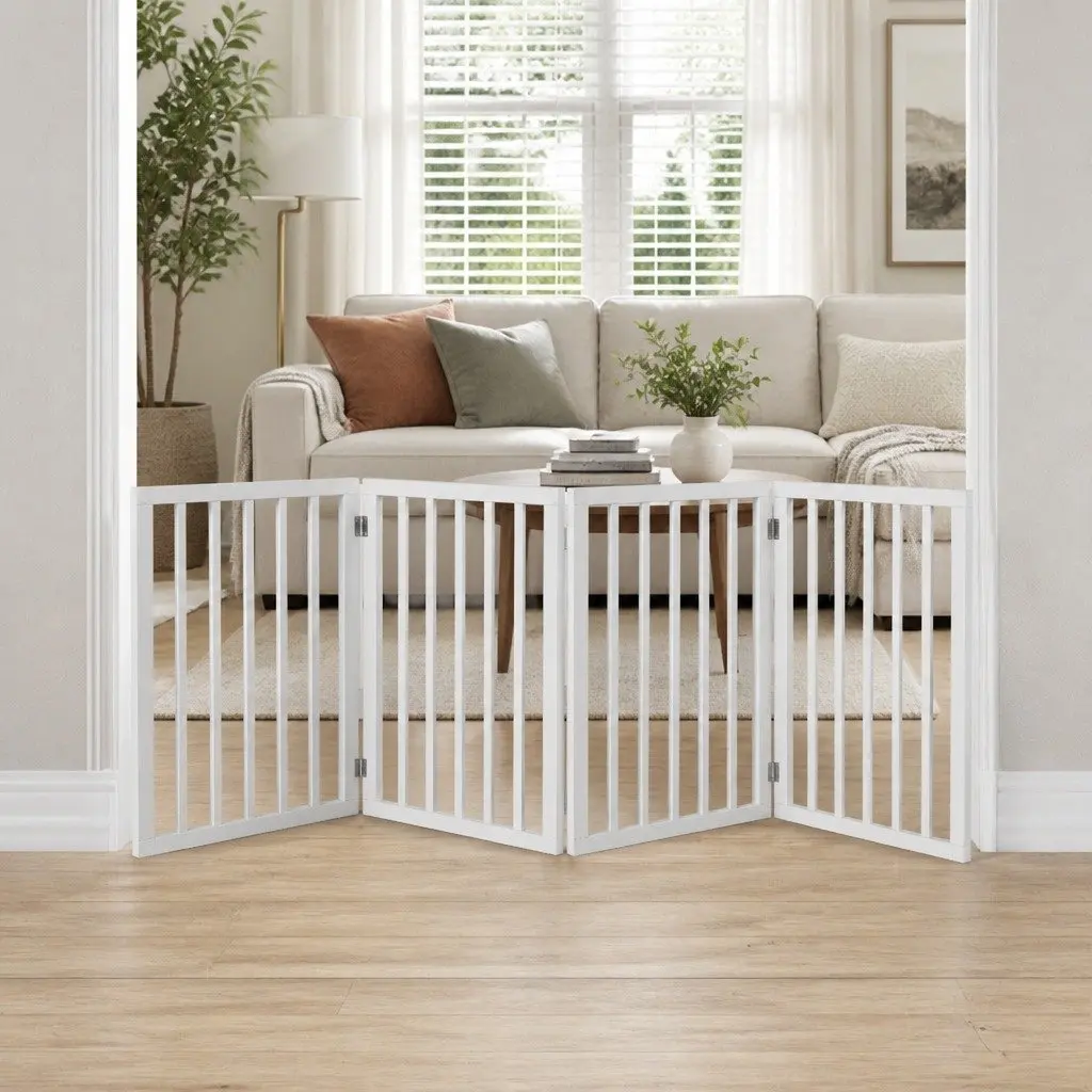 Wooden Pet Gate Dog Fence Foldable Playpen Barrier Indoor Outdoor White 185cm