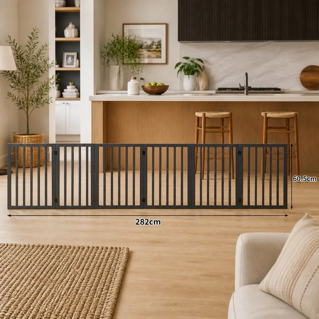 Wooden Pet Gate Foldable Dog Fence Safety Barrier Playpen 6 Panel 282cm W x 60.5cm H