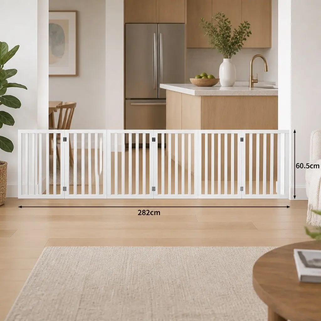 Foldable Wooden Pet Gate 6 Panel Safety Barrier for Dogs and Cats White