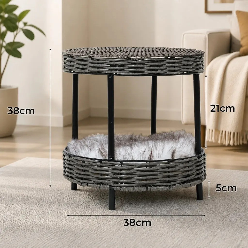 Elevated Rattan Pet Bed Raised Cat House with Soft Cushion Indoor Furniture