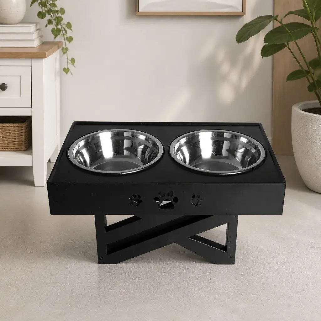 Adjustable Height Elevated Pet Feeder for Dogs and Cats with Stainless Steel Bowls and Non-Slip Pads Black