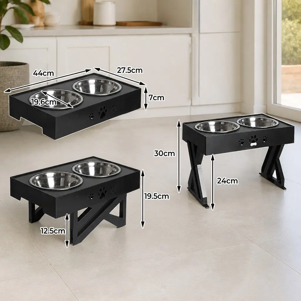 Adjustable Height Elevated Pet Feeder for Dogs and Cats with Stainless Steel Bowls and Non-Slip Pads Black