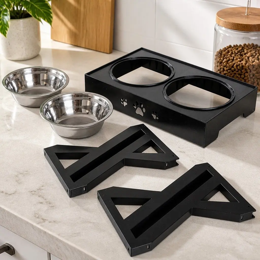 Adjustable Height Elevated Pet Feeder for Dogs and Cats with Stainless Steel Bowls and Non-Slip Pads Black