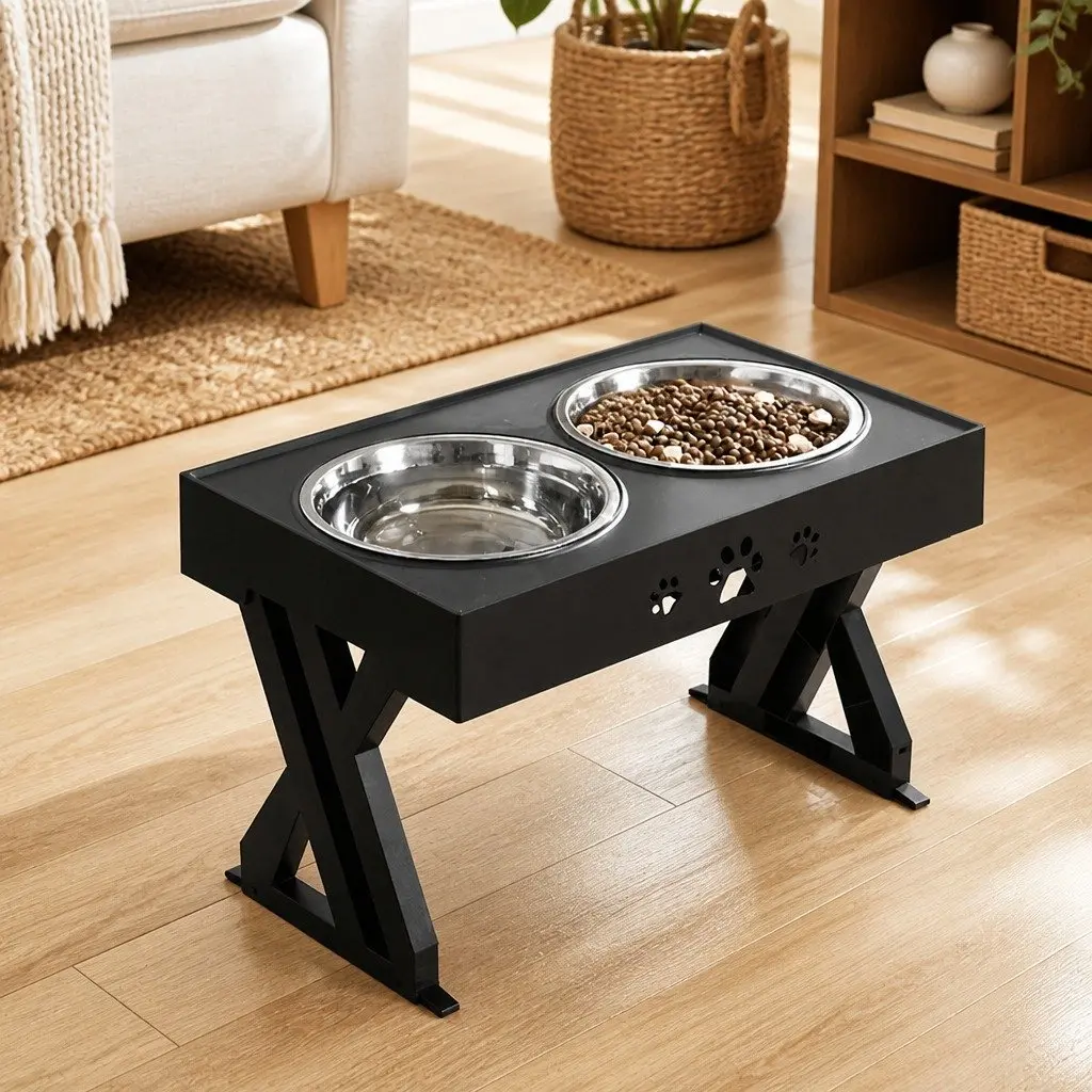 Adjustable Height Elevated Pet Feeder for Dogs and Cats with Stainless Steel Bowls and Non-Slip Pads Black