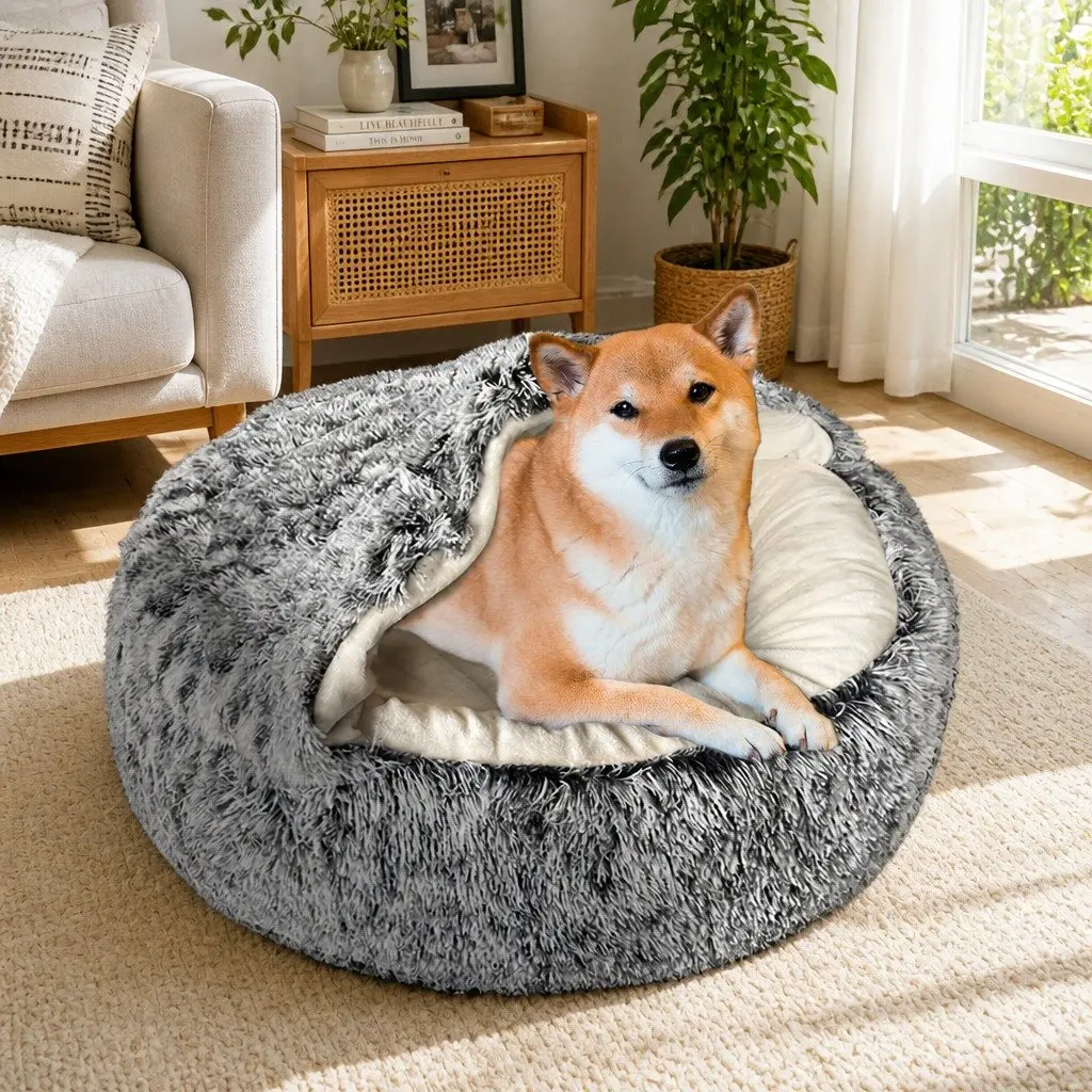 Large Semi-Enclosed Pet Bed Warm Plush Cave Dog Cat Nest Removable Washable