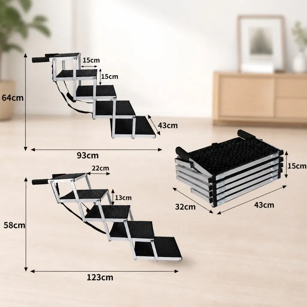 5 Steps Pet Ramp Adjustable Height Foldable Dog Stairs Portable Carry Handle