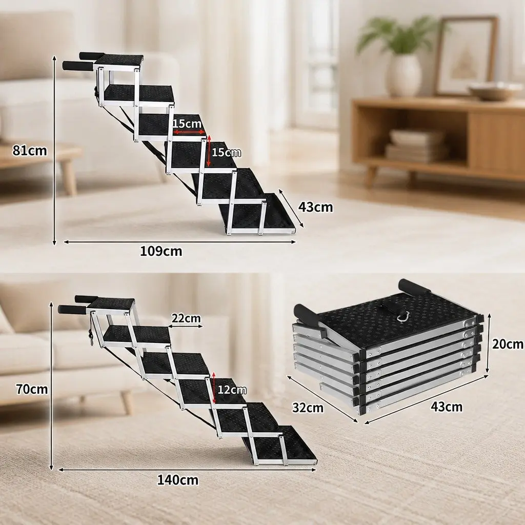 Pet Ramp 6 Steps Dog Stairs Adjustable Height Foldable Portable Indoor Outdoor