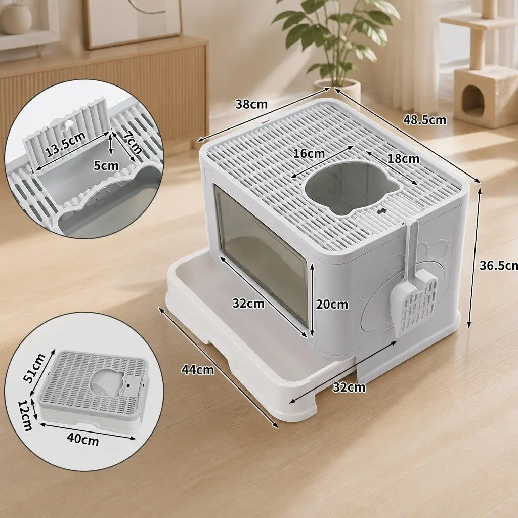 Foldable Cat Litter Box Enclosed Entry Exit Door Removable Drawer Shovel Grey