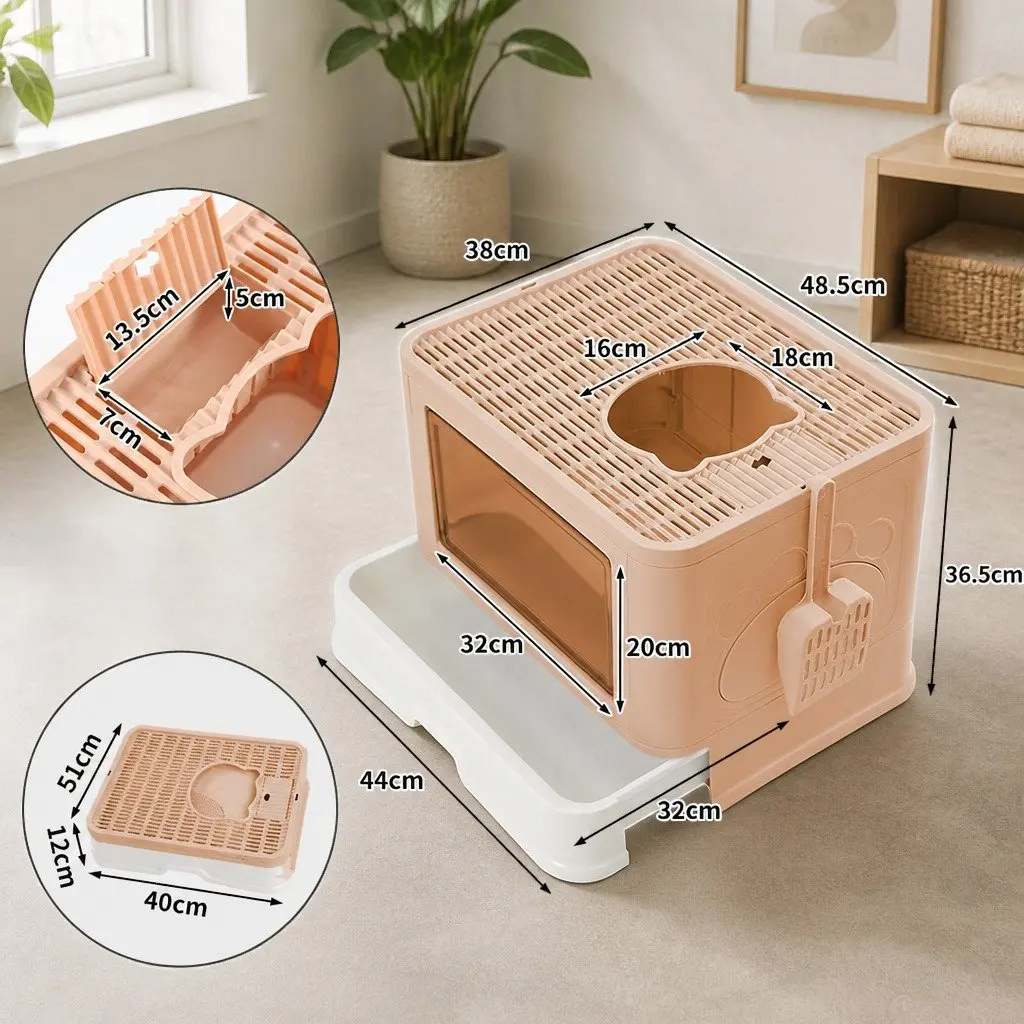 Foldable Cat Litter Box Enclosed Tray with Entry Exit Door Removable Drawer