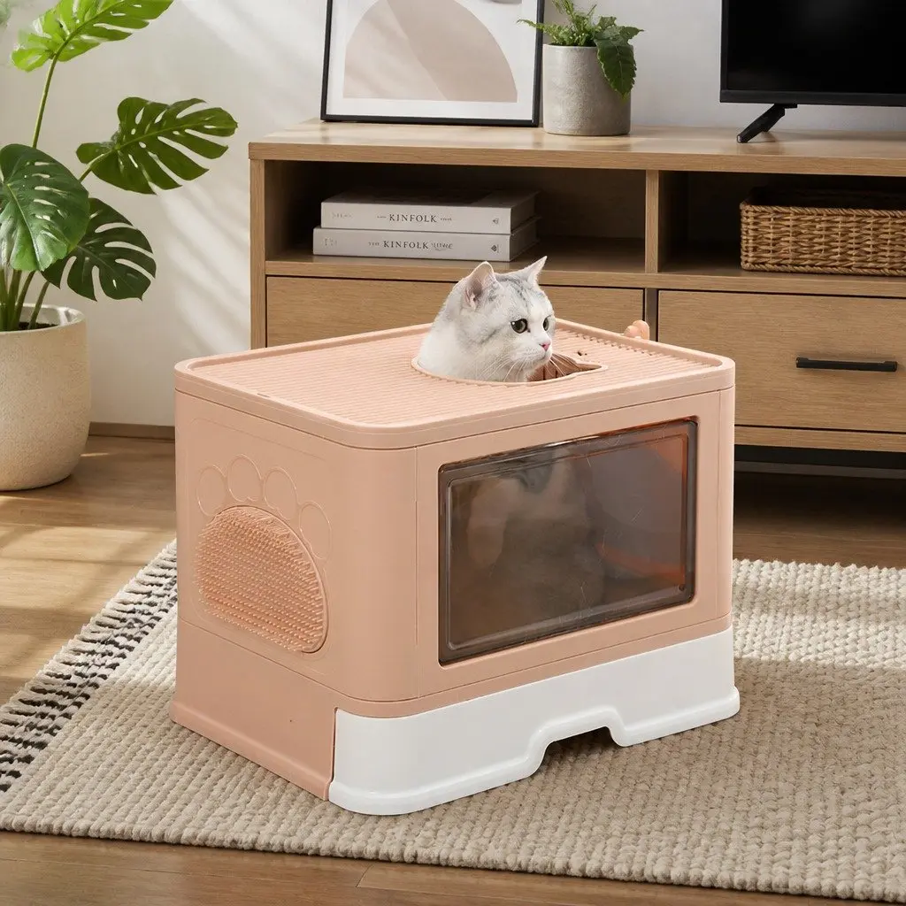 Foldable Cat Litter Box Enclosed Tray with Entry Exit Door Removable Drawer