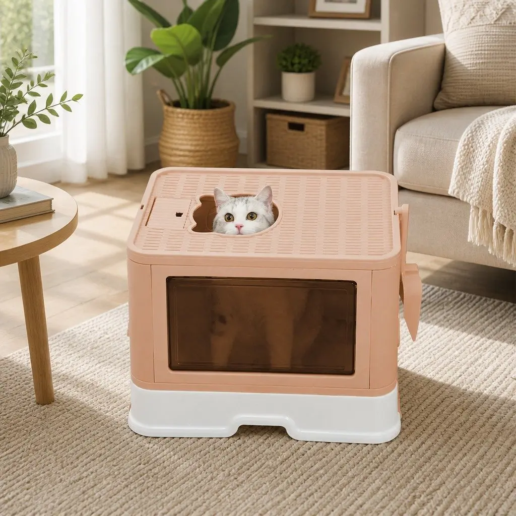 Foldable Cat Litter Box Enclosed Tray with Entry Exit Door Removable Drawer