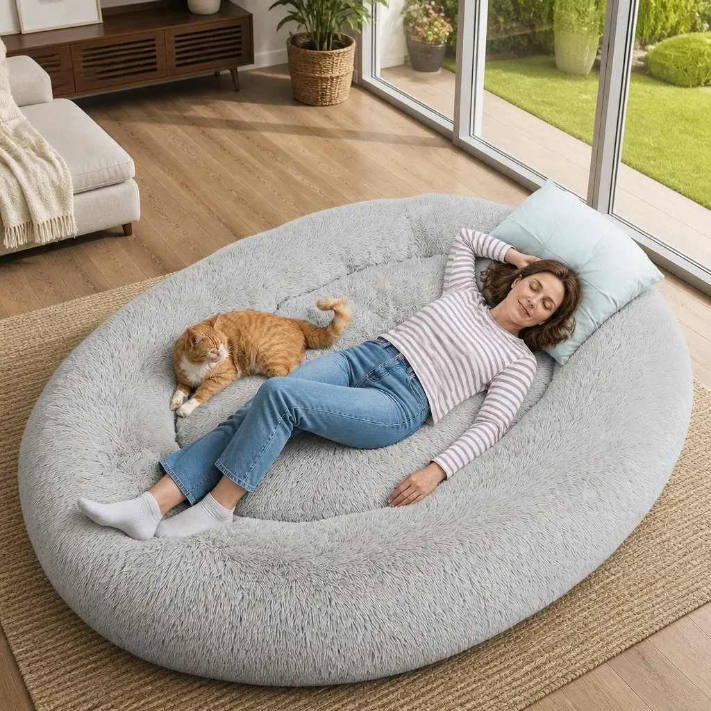 Large Pet Bed 1.8m Fluffy Grey Nap Bed Machine Washable Soft Comfortable