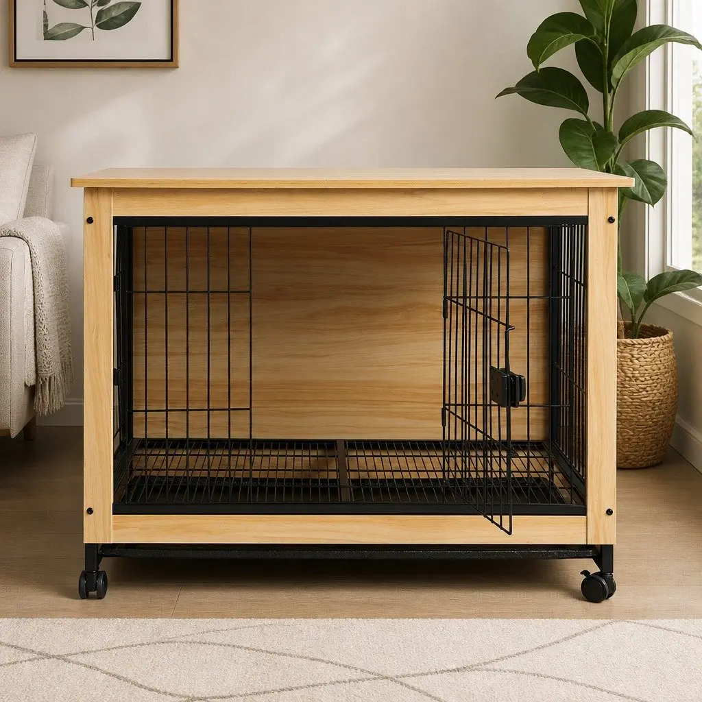 Wooden Dog Kennel Pet Crate Large for Home Use with Two Doors and Removable Tray