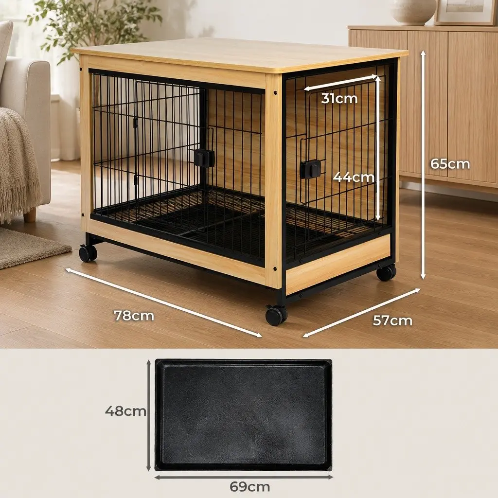 Wooden Dog Kennel Pet Crate Large for Home Use with Two Doors and Removable Tray