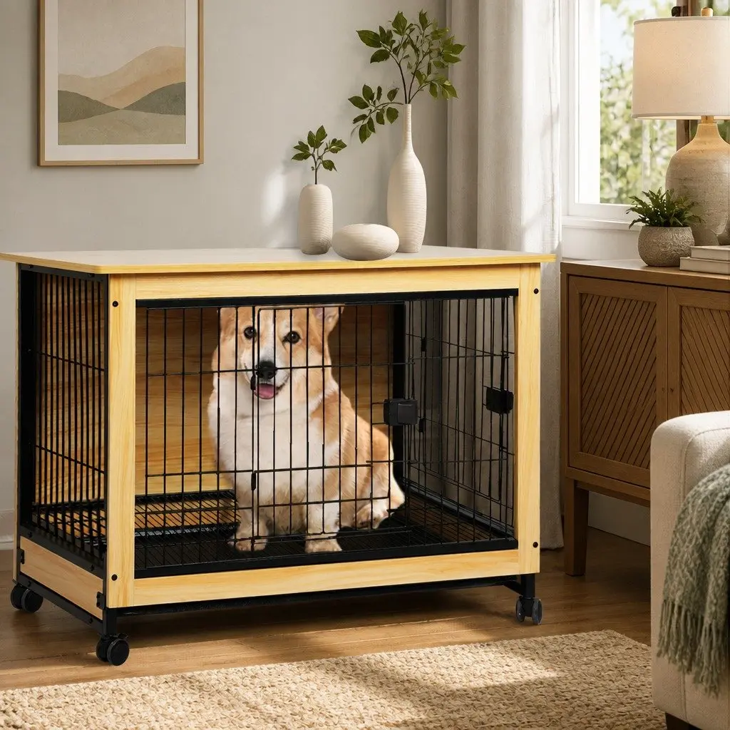 Wooden Dog Kennel Pet Crate Large for Home Use with Two Doors and Removable Tray