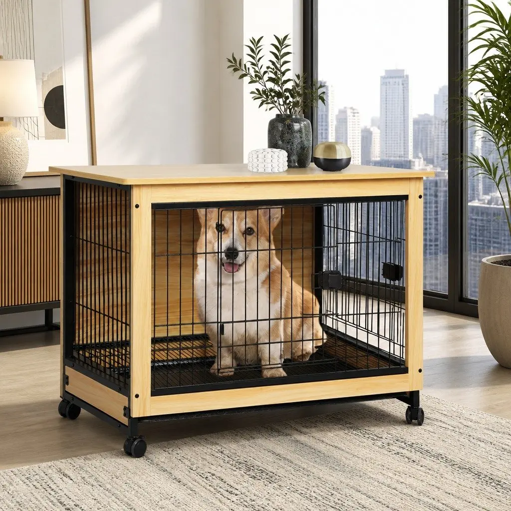 Wooden Dog Kennel Pet Crate Large for Home Use with Two Doors and Removable Tray