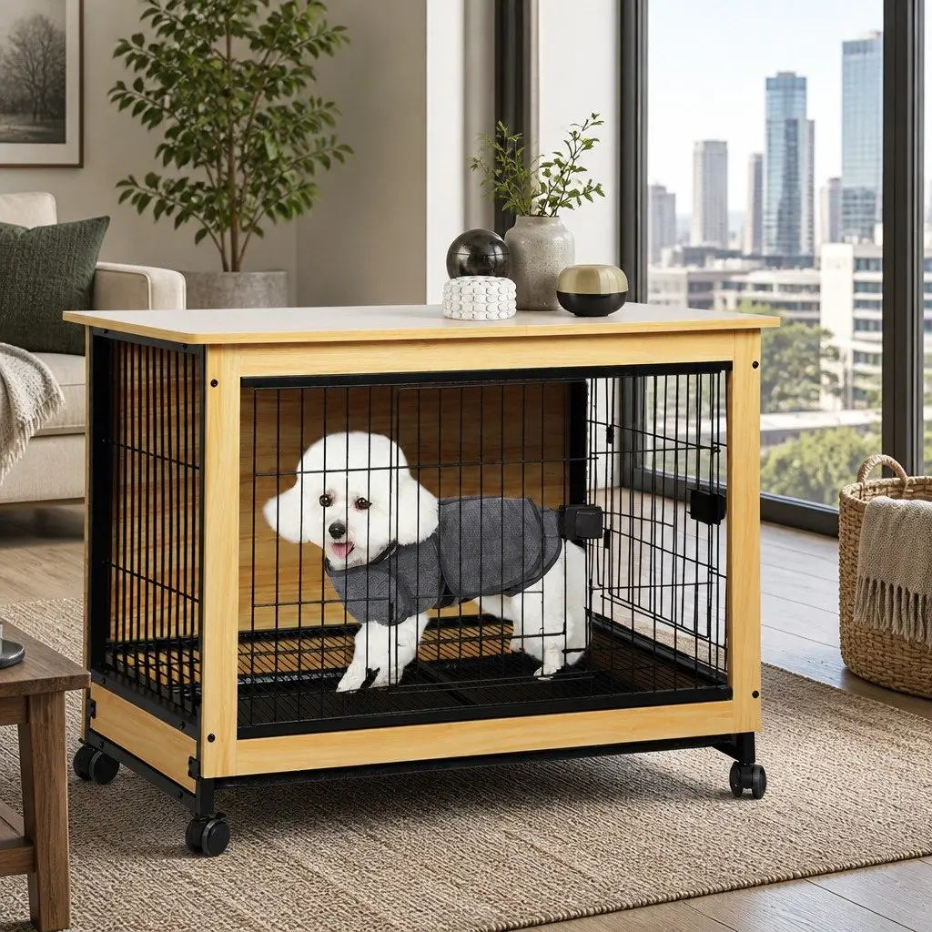 Wooden Dog Kennel End Table Medium M Size Two Doors Removable Tray